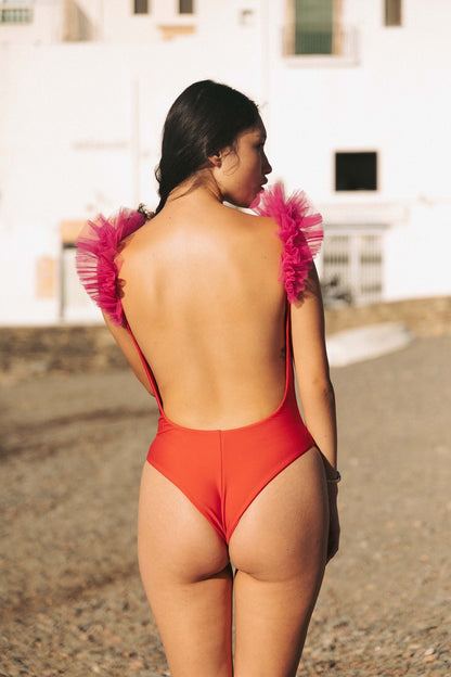 Sophisticated Red Fuchsia Tulle Swimsuit - Gilda Collection by Besson Barcelona